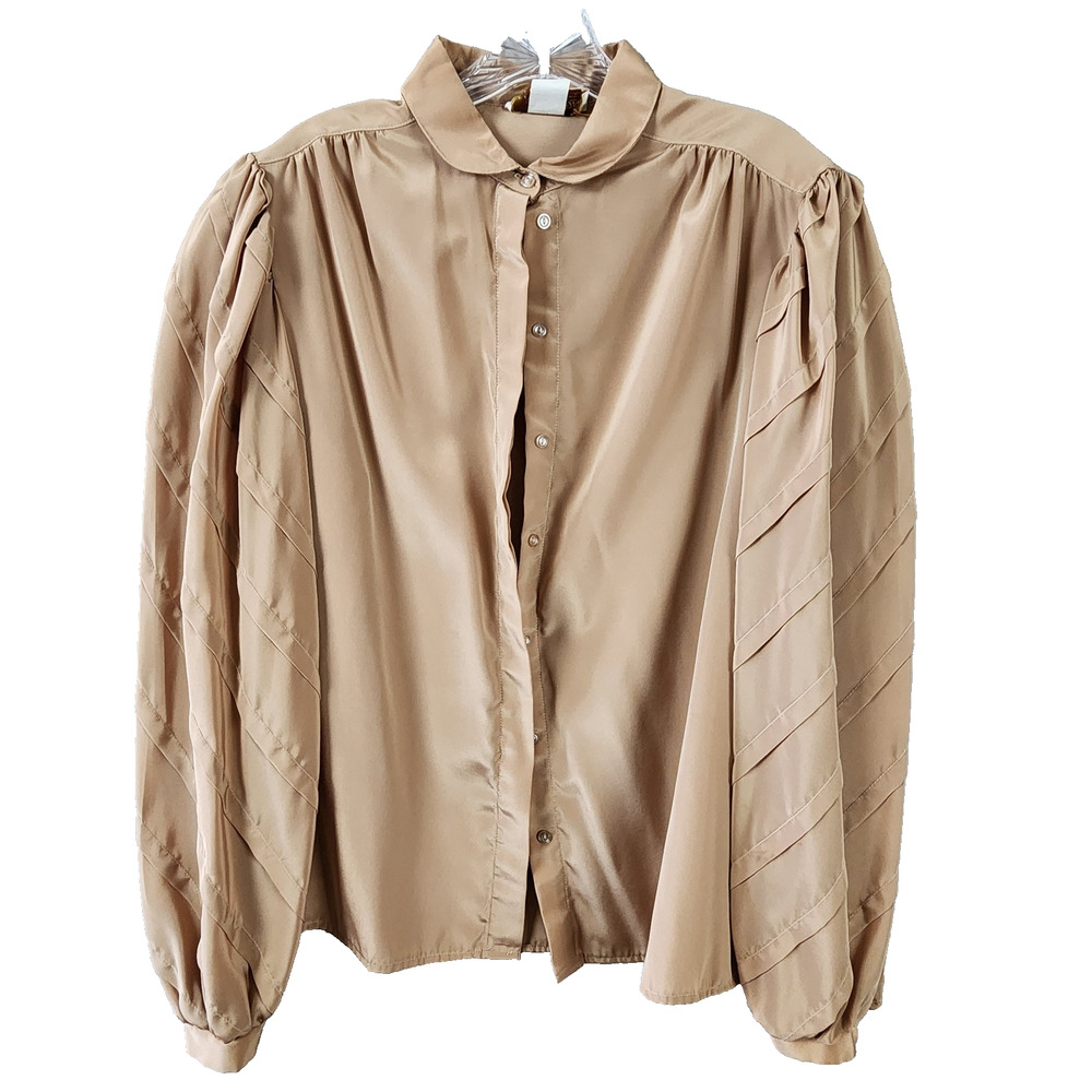 Puccini Gold Puff Sleeve Blouse Women 16 Gold/Beige Pleated Long Sleeve